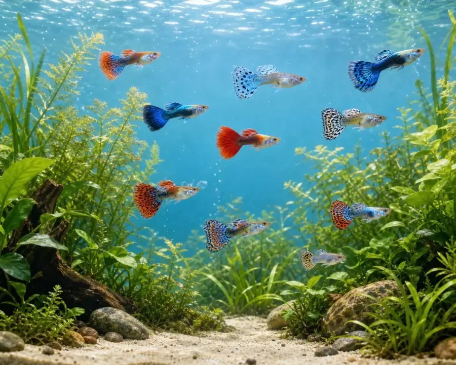 Colorful guppies swimming in a planted aquarium