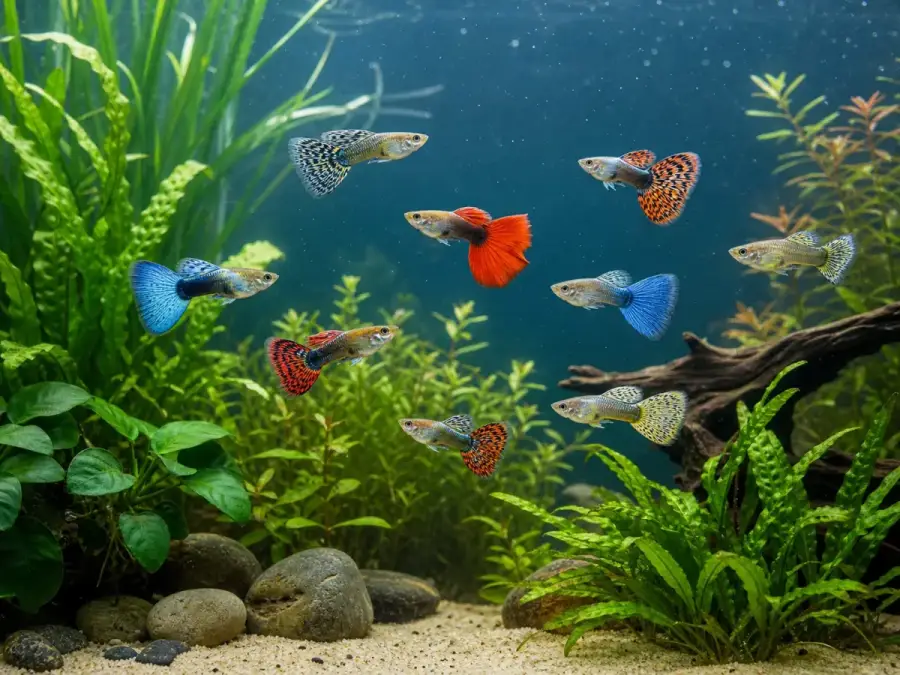 A school of colorful guppies swimming in a lush planted freshwater aquarium