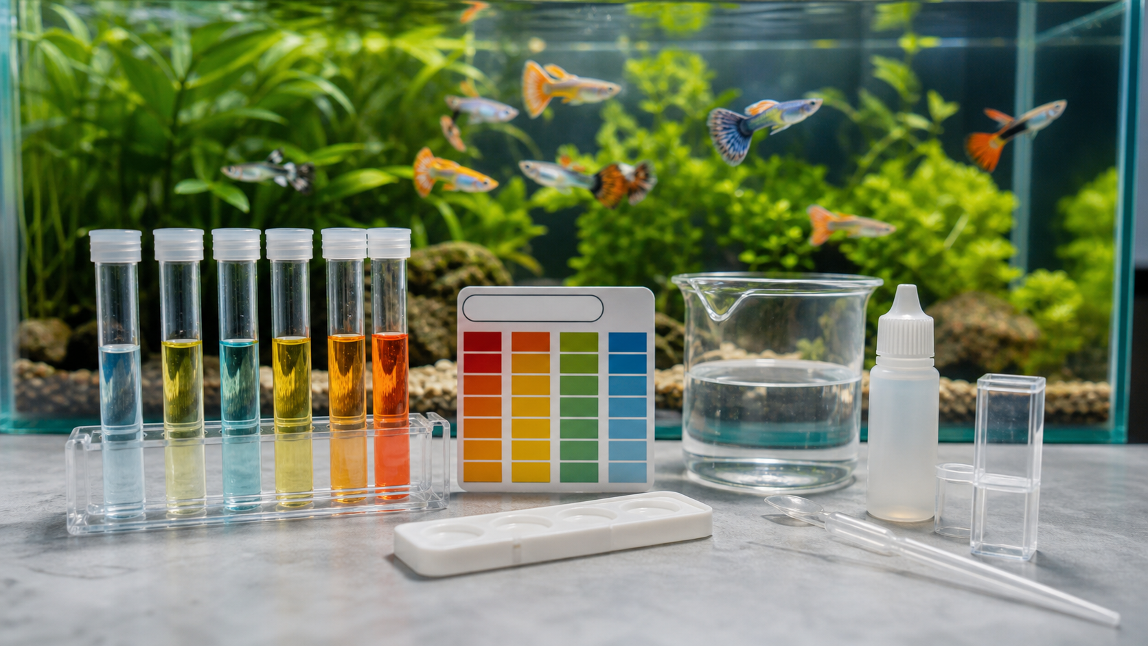 Aquarium water testing tubes beside a planted guppy tank for checking guppy water parameters
