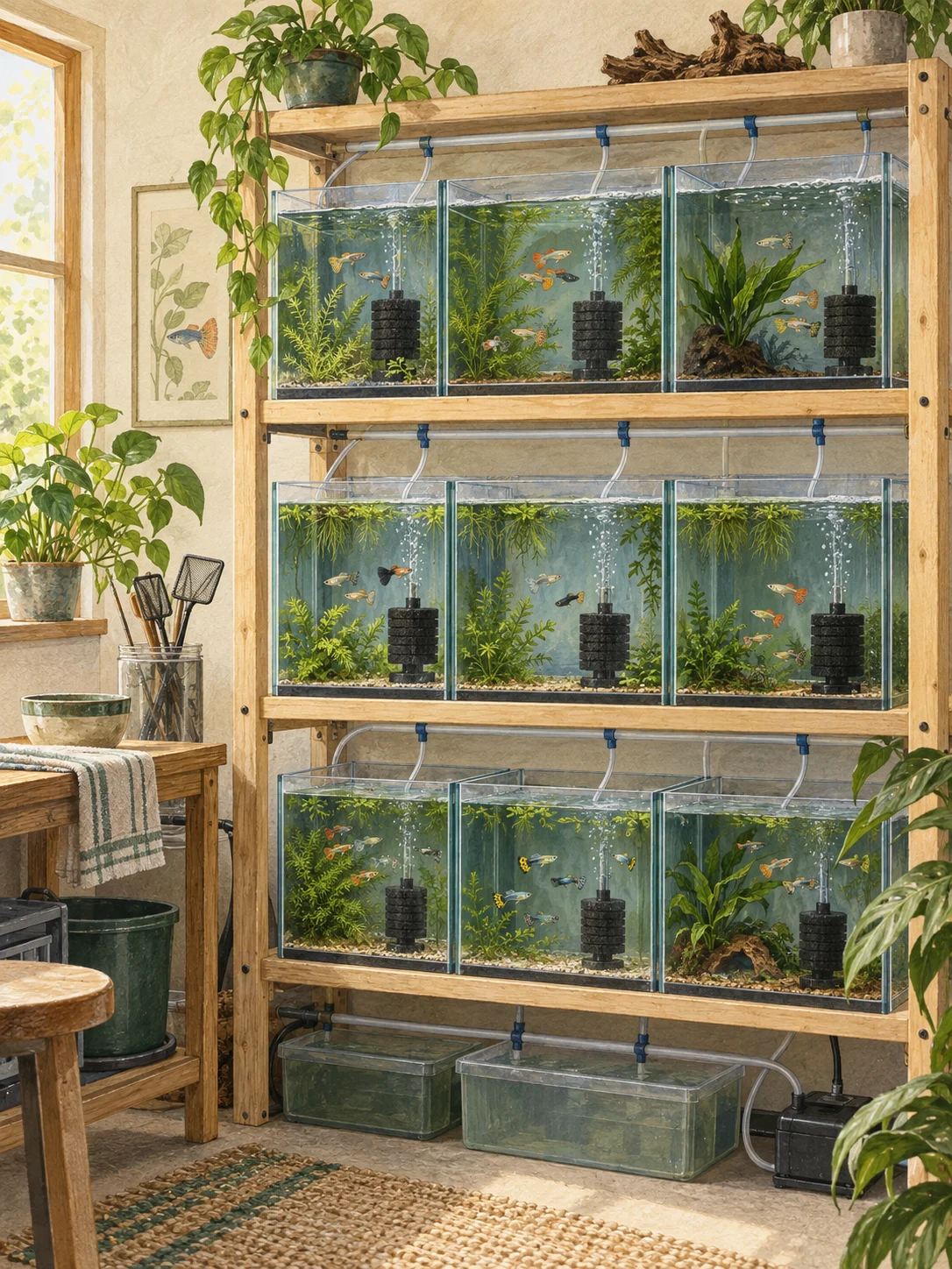 Editorial illustration of a typical connected freshwater aquarium setup for guppy care.