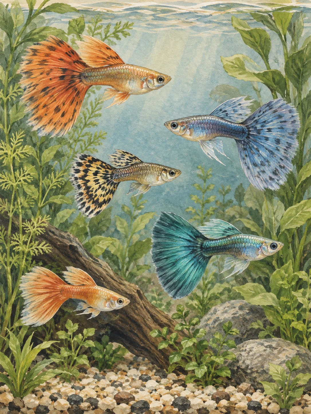 Editorial illustration of guppies with varied colors and flowing fins in a planted aquarium.
