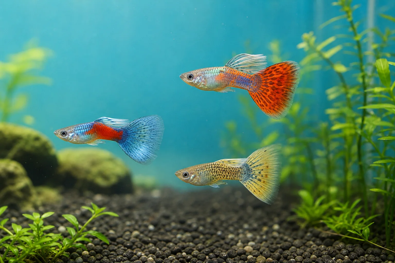 Three colorful guppies in a planted freshwater aquarium