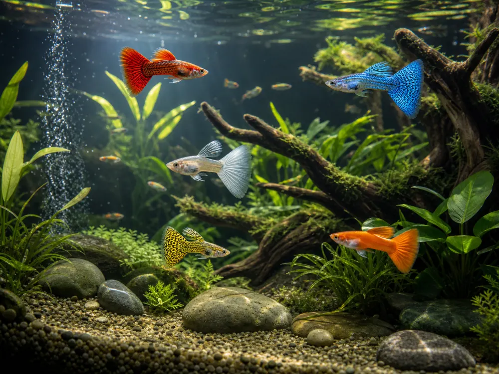 A lively planted aquarium with several colorful guppy varieties
