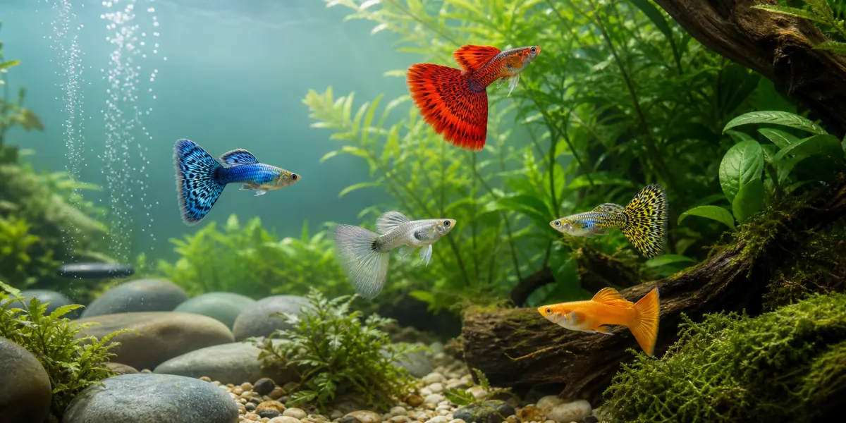 A planted aquarium with several colorful guppy varieties