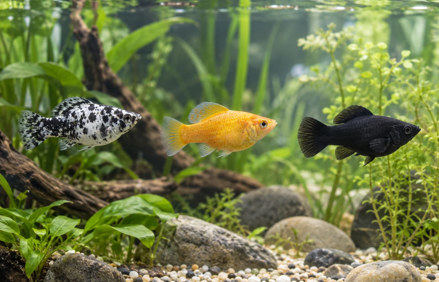 Dalmatian, gold and black molly fish in a planted freshwater aquarium