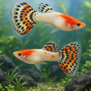 Representative gallery image for Tuxedo Red Koi Guppy Fry derived from HiGuppy’s Koi strain illustration; not an exact inventory photograph.