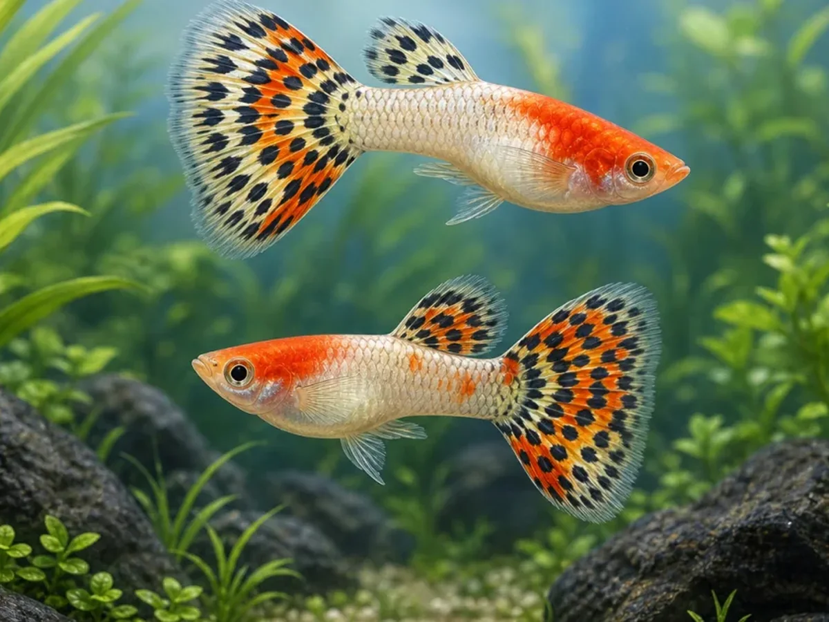 Representative gallery image for Tuxedo Red Koi Guppy Fry derived from HiGuppy’s Koi strain illustration; not an exact inventory photograph.