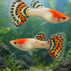 Representative gallery image for Tuxedo Red Koi Guppy Fry derived from HiGuppy’s Koi strain illustration; not an exact inventory photograph.