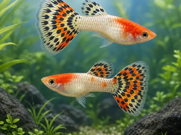 Representative gallery image for Tuxedo Red Koi Guppy Fry derived from HiGuppy’s Koi strain illustration; not an exact inventory photograph.