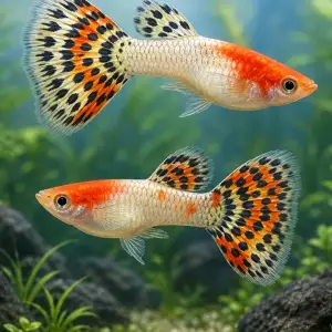 Representative gallery image for Tuxedo Red Koi Guppy Fry derived from HiGuppy’s Koi strain illustration; not an exact inventory photograph.