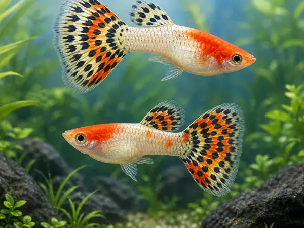 Representative gallery image for Tuxedo Red Koi Guppy Fry derived from HiGuppy’s Koi strain illustration; not an exact inventory photograph.