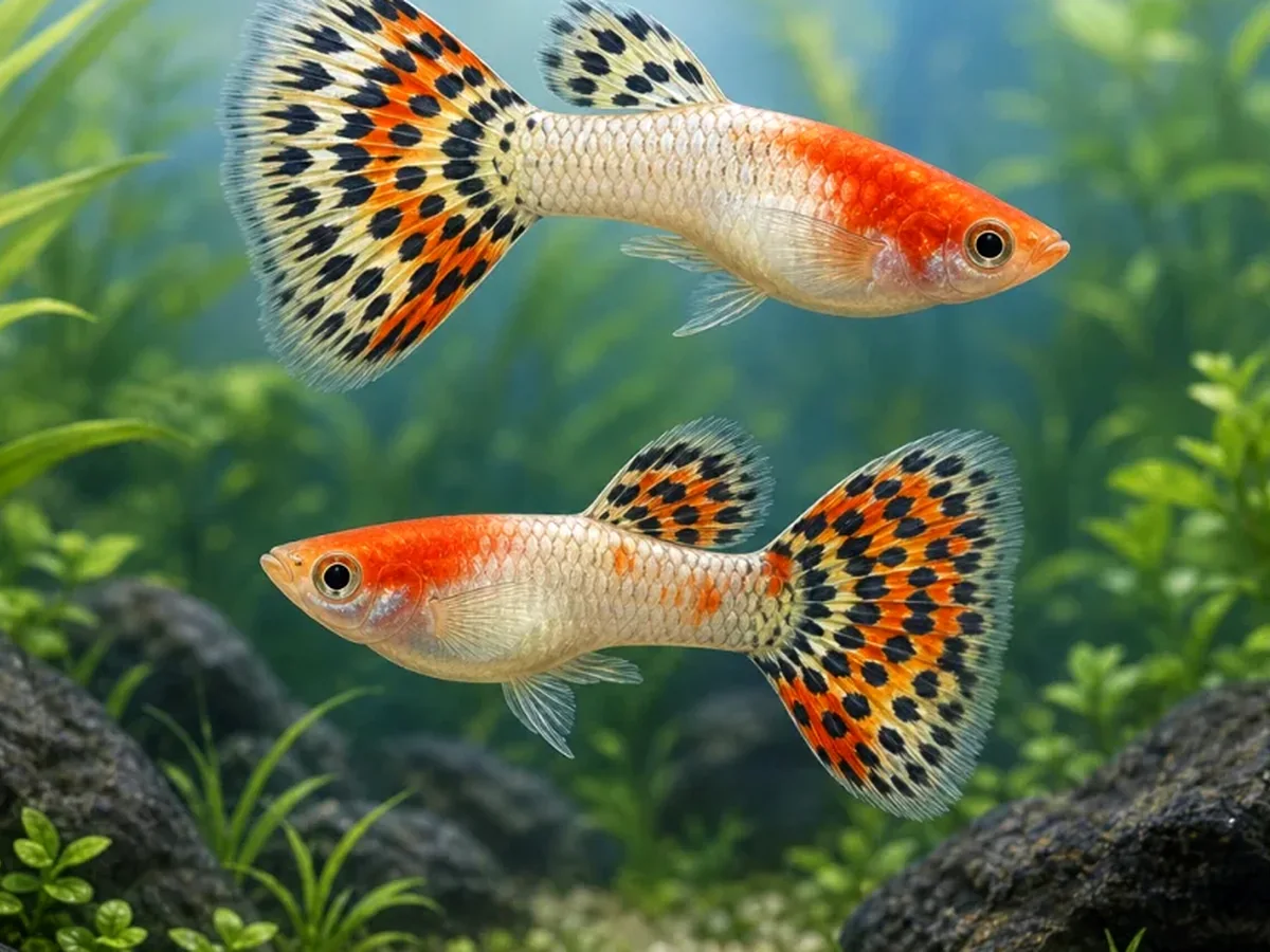 Representative gallery image for Tuxedo Red Koi Guppy Fry derived from HiGuppy’s Koi strain illustration; not an exact inventory photograph.