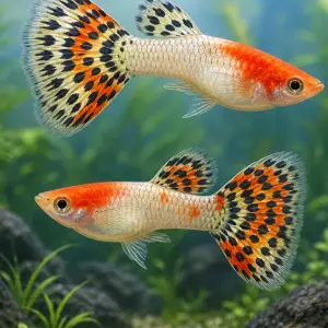 Representative gallery image for Tuxedo Red Koi Guppy Fry derived from HiGuppy’s Koi strain illustration; not an exact inventory photograph.