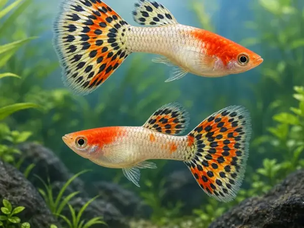 Representative gallery image for Tuxedo Red Koi Guppy Fry derived from HiGuppy’s Koi strain illustration; not an exact inventory photograph.