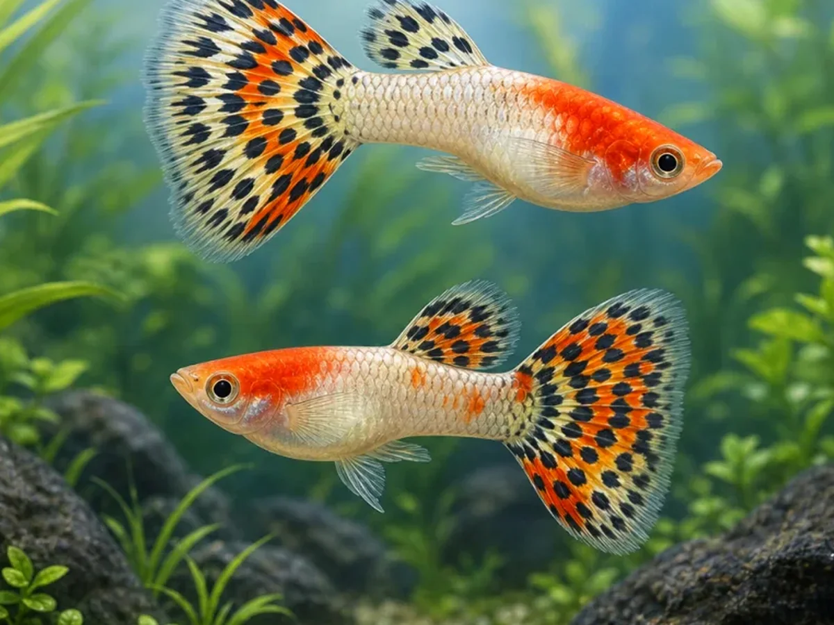 Representative gallery image for Tuxedo Red Koi Guppy Fry derived from HiGuppy’s Koi strain illustration; not an exact inventory photograph.