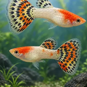 Representative gallery image for Tuxedo Red Koi Guppy Fry derived from HiGuppy’s Koi strain illustration; not an exact inventory photograph.