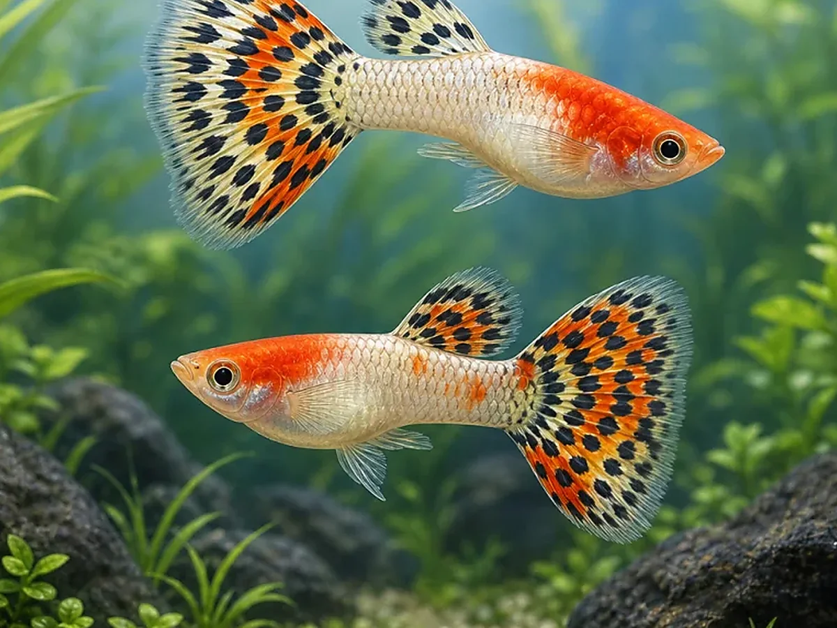 Representative gallery image for Tuxedo Red Koi Guppy Fry derived from HiGuppy’s Koi strain illustration; not an exact inventory photograph.