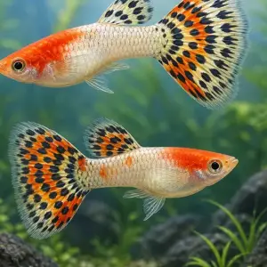 Representative gallery image for Tuxedo Red Koi Guppy Fry derived from HiGuppy’s Koi strain illustration; not an exact inventory photograph.