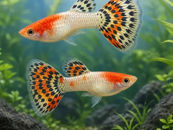 Representative gallery image for Tuxedo Red Koi Guppy Fry derived from HiGuppy’s Koi strain illustration; not an exact inventory photograph.