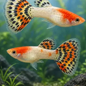 Representative gallery image for Tuxedo Red Koi Guppy Fry derived from HiGuppy’s Koi strain illustration; not an exact inventory photograph.