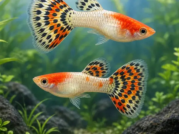 Representative gallery image for Tuxedo Red Koi Guppy Fry derived from HiGuppy’s Koi strain illustration; not an exact inventory photograph.