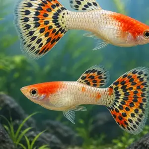 Representative gallery image for Tuxedo Red Koi Guppy Fry derived from HiGuppy’s Koi strain illustration; not an exact inventory photograph.