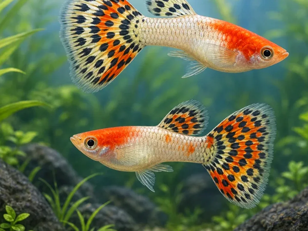 Representative gallery image for Tuxedo Red Koi Guppy Fry derived from HiGuppy’s Koi strain illustration; not an exact inventory photograph.