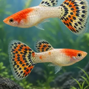 Representative gallery image for Tuxedo Red Koi Guppy Fry derived from HiGuppy’s Koi strain illustration; not an exact inventory photograph.
