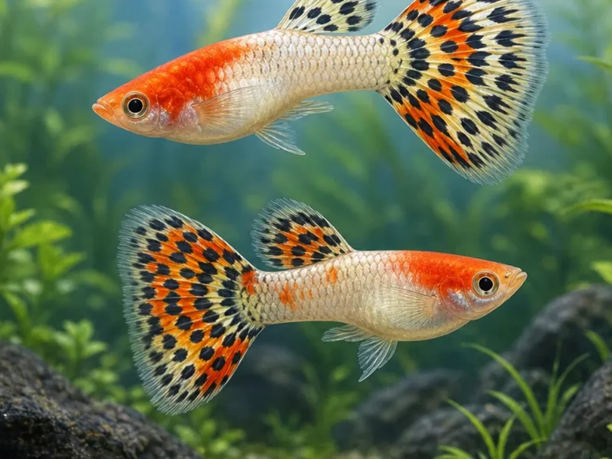 Representative gallery image for Tuxedo Red Koi Guppy Fry derived from HiGuppy’s Koi strain illustration; not an exact inventory photograph.