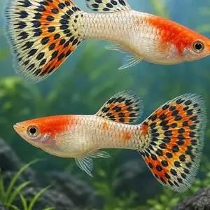 Representative gallery image for Tuxedo Red Koi Guppy Fry derived from HiGuppy’s Koi strain illustration; not an exact inventory photograph.