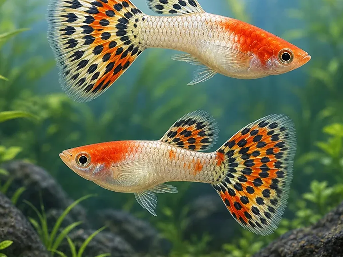 Representative gallery image for Tuxedo Red Koi Guppy Fry derived from HiGuppy’s Koi strain illustration; not an exact inventory photograph.