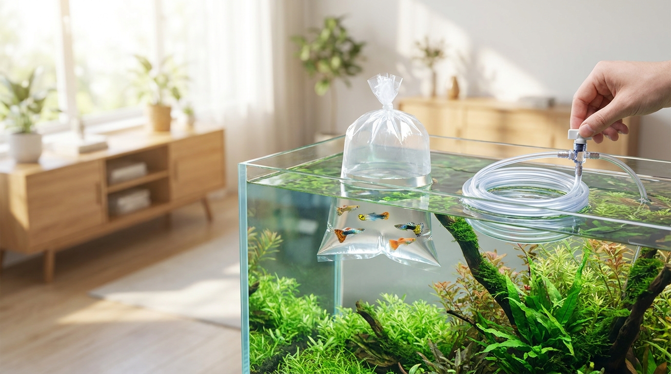 Healthy colorful guppies in a planted quarantine aquarium after acclimation
