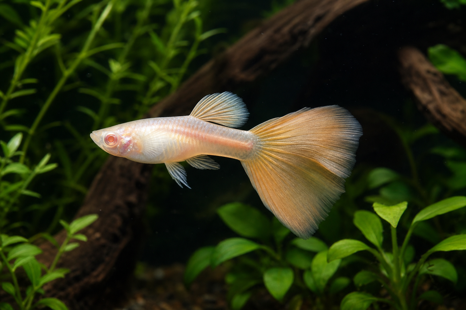 Albino guppy swimming in a planted aquarium