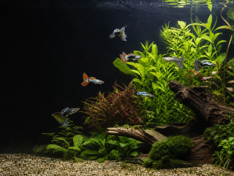 AI-generated planted guppy aquarium with gentle filtration