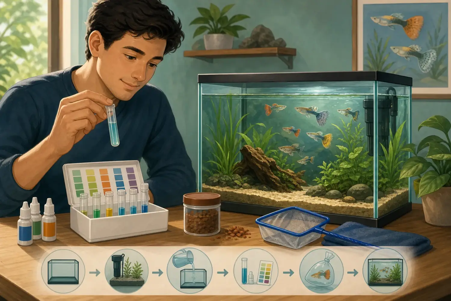 Aquarium keeper checking water and supplies before adding guppies