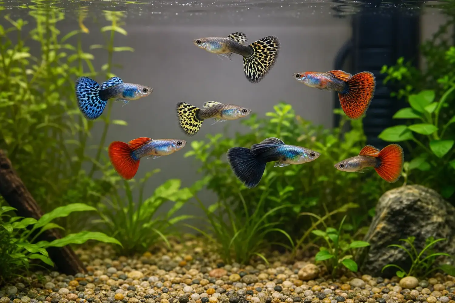 Best first guppy pack for beginners: male guppies with colorful tails in a planted aquarium