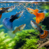 Colorful guppy fish feeding near the water surface in a clean planted aquarium