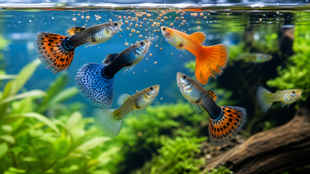 Colorful guppy fish feeding near the water surface in a clean planted aquarium