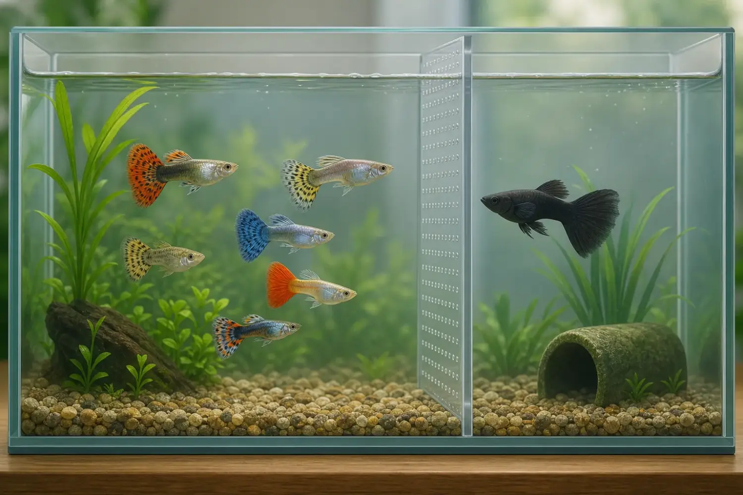 Guppies separated from a larger dark fish by an aquarium divider