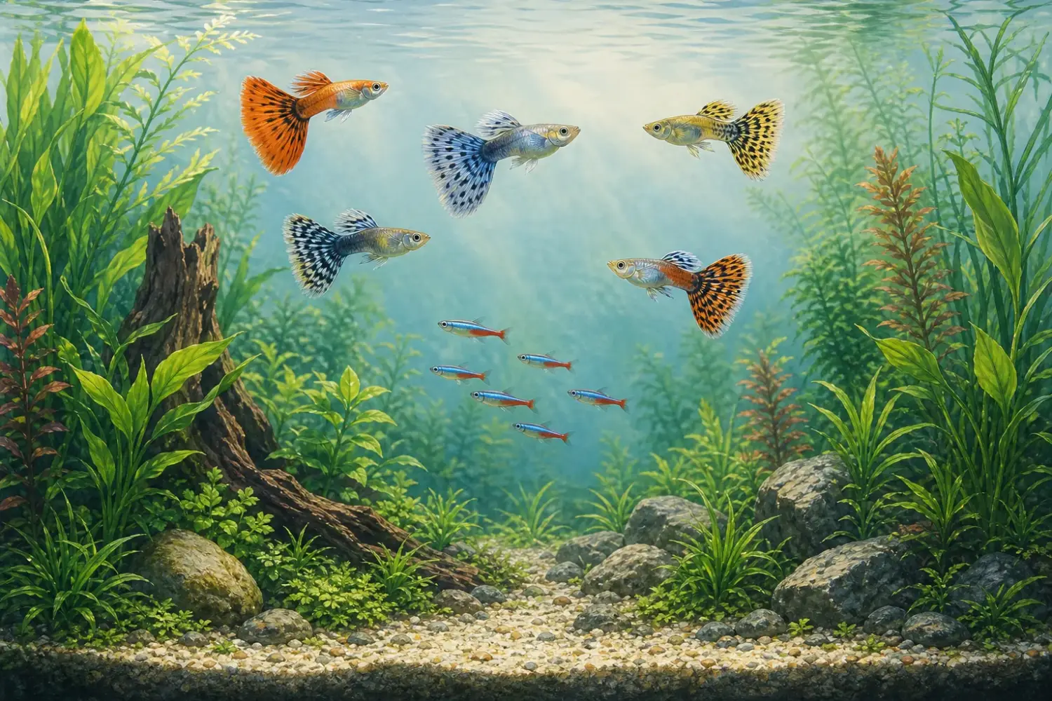 Best tank mates for guppies: small schooling fish and bottom-dwelling fish in a planted aquarium