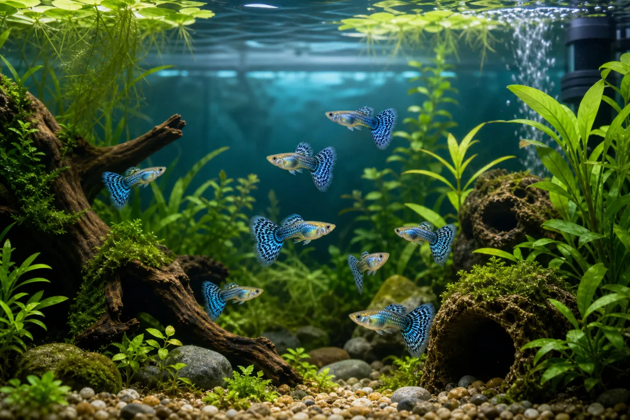 Planted aquarium setup for caring for Blue Grass Guppies