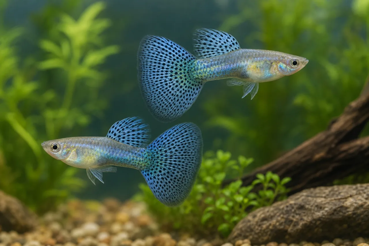 Blue Grass Guppy showing fine repeated tail and dorsal markings