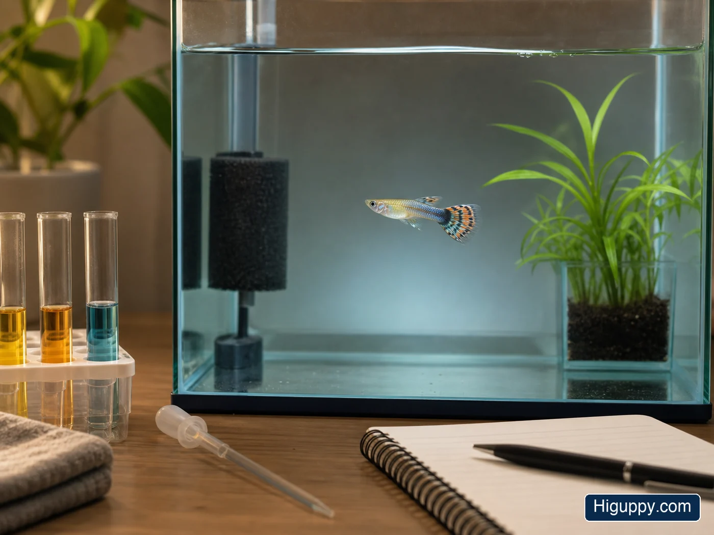 Healthy guppy being observed closely in a clean aquarium