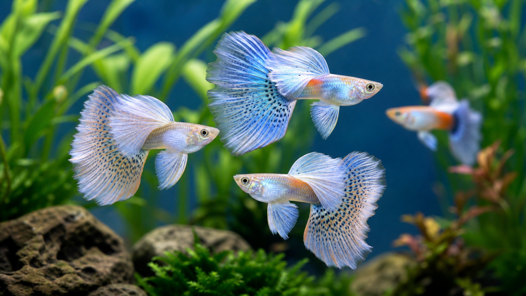 Dumbo ear guppy fish with large pectoral fins swimming in a soft planted aquarium