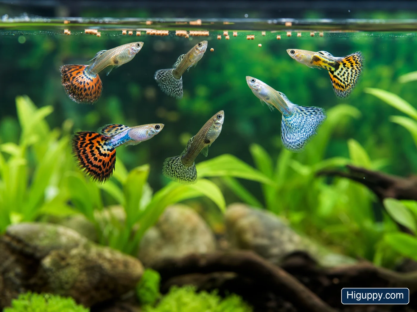 Colorful guppies eating a small portion of high quality fish food at the water surface