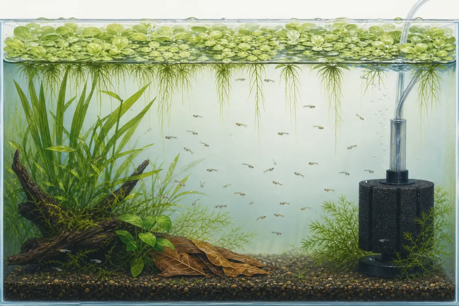 Guppy fry swimming among floating plants and a sponge filter