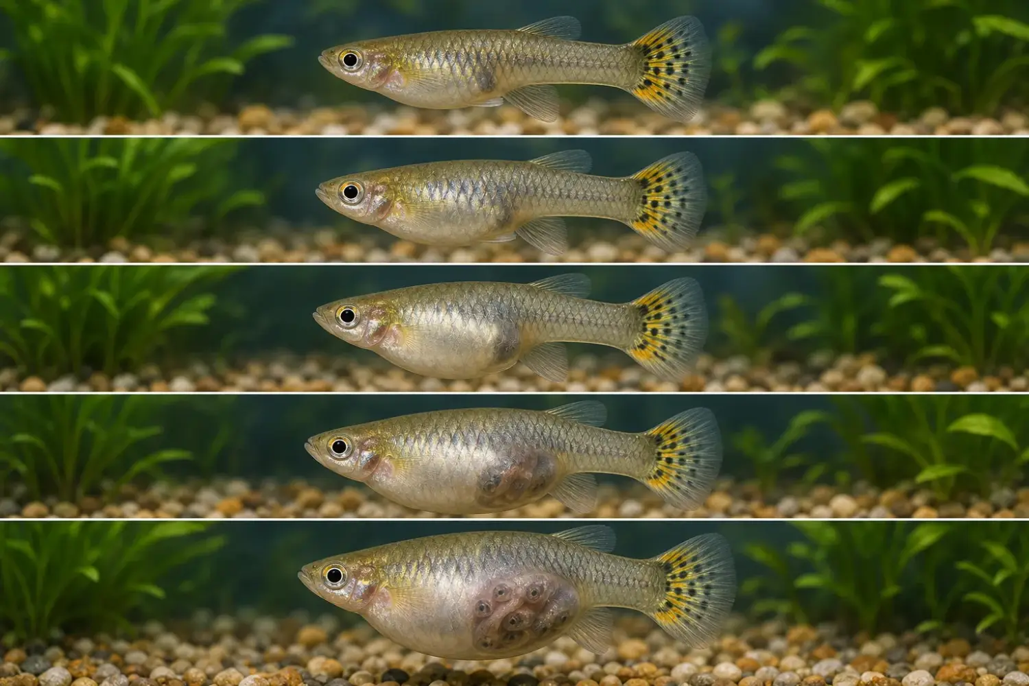 Guppy pregnancy stages illustrated from early swelling to visible fry