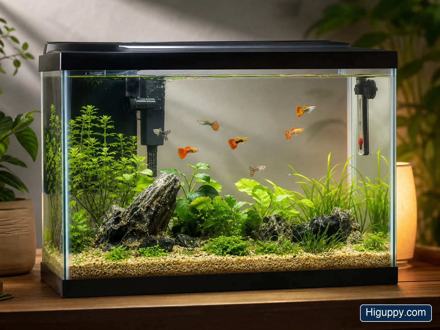 Beginner planted guppy aquarium with filter heater plants and open swimming space