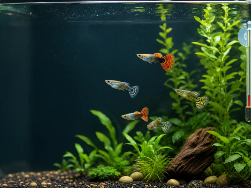 Illustrative planted aquarium with generic guppies and a thermometer