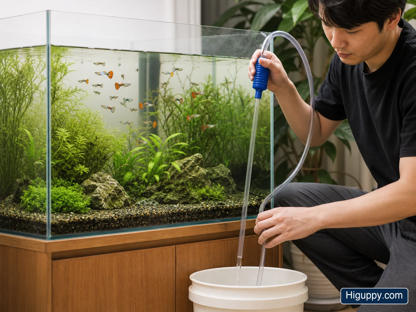 Aquarium keeper performing a gentle partial water change in a planted guppy tank